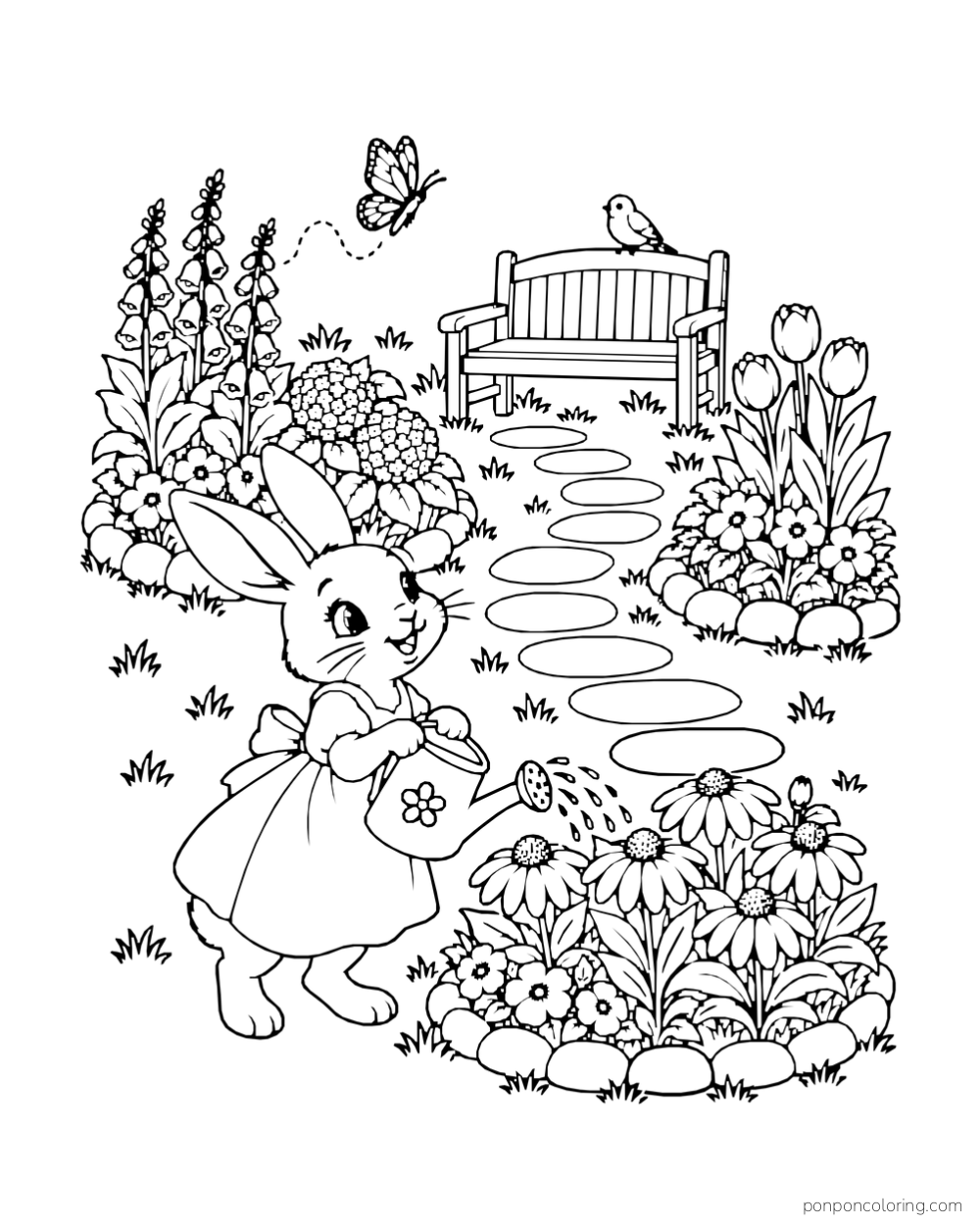 A rabbit waters a flower bed beside a stepping-stone path leading to a bench between flowering plants.