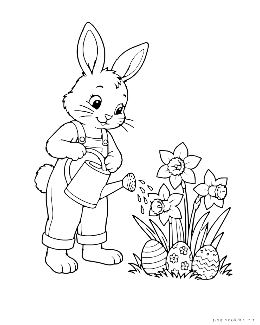 A rabbit in overalls waters three daffodils growing beside patterned Easter eggs.