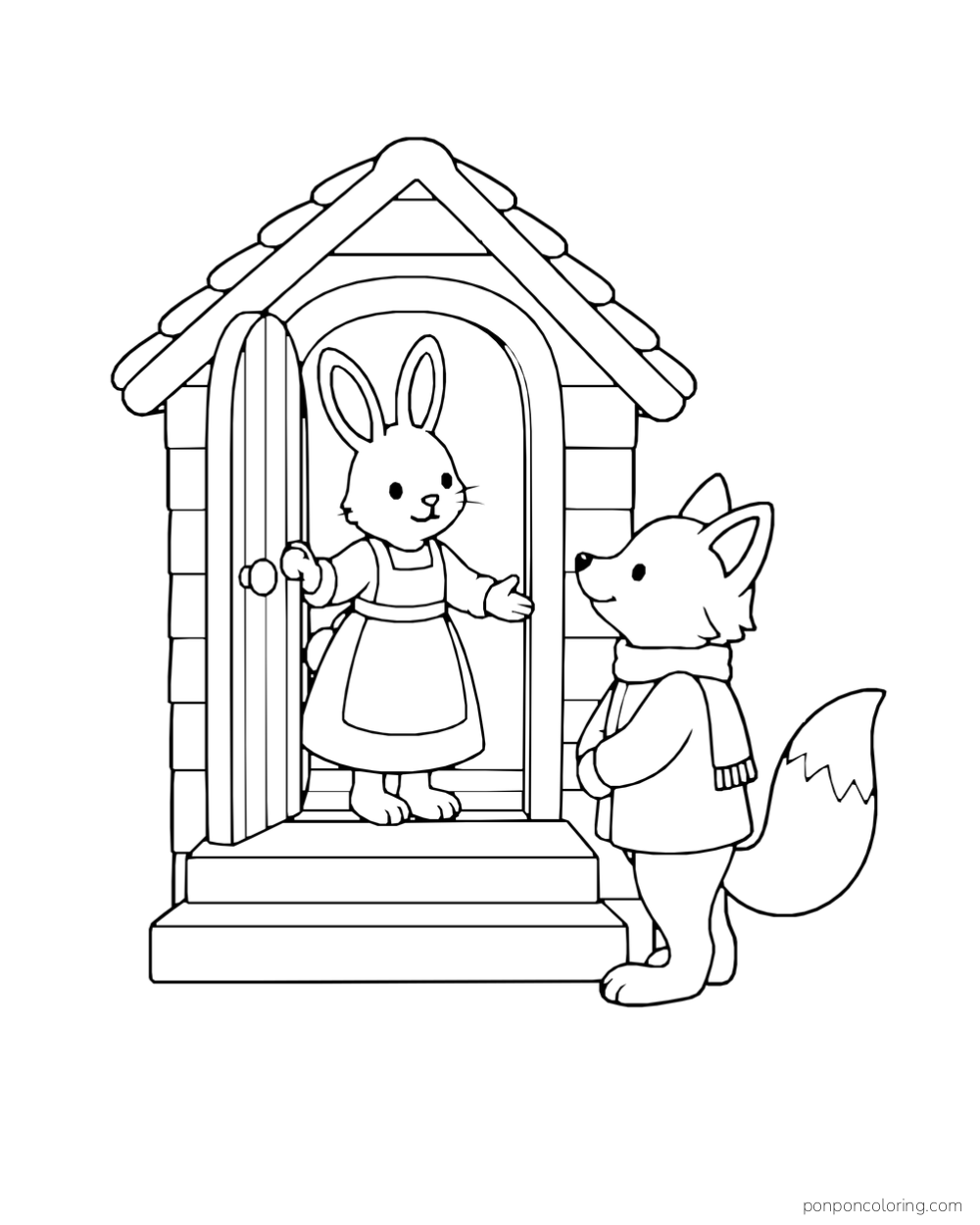 A rabbit opens the door of a small cottage to a fox wearing a scarf.