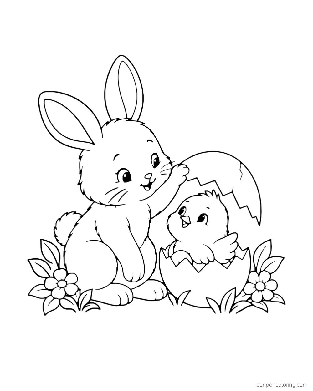A rabbit lifts the top half of a cracked eggshell above a newly hatched chick beside spring flowers.