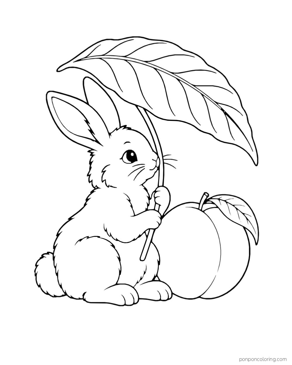 Seated rabbit holding a large leaf above one ripe peach.