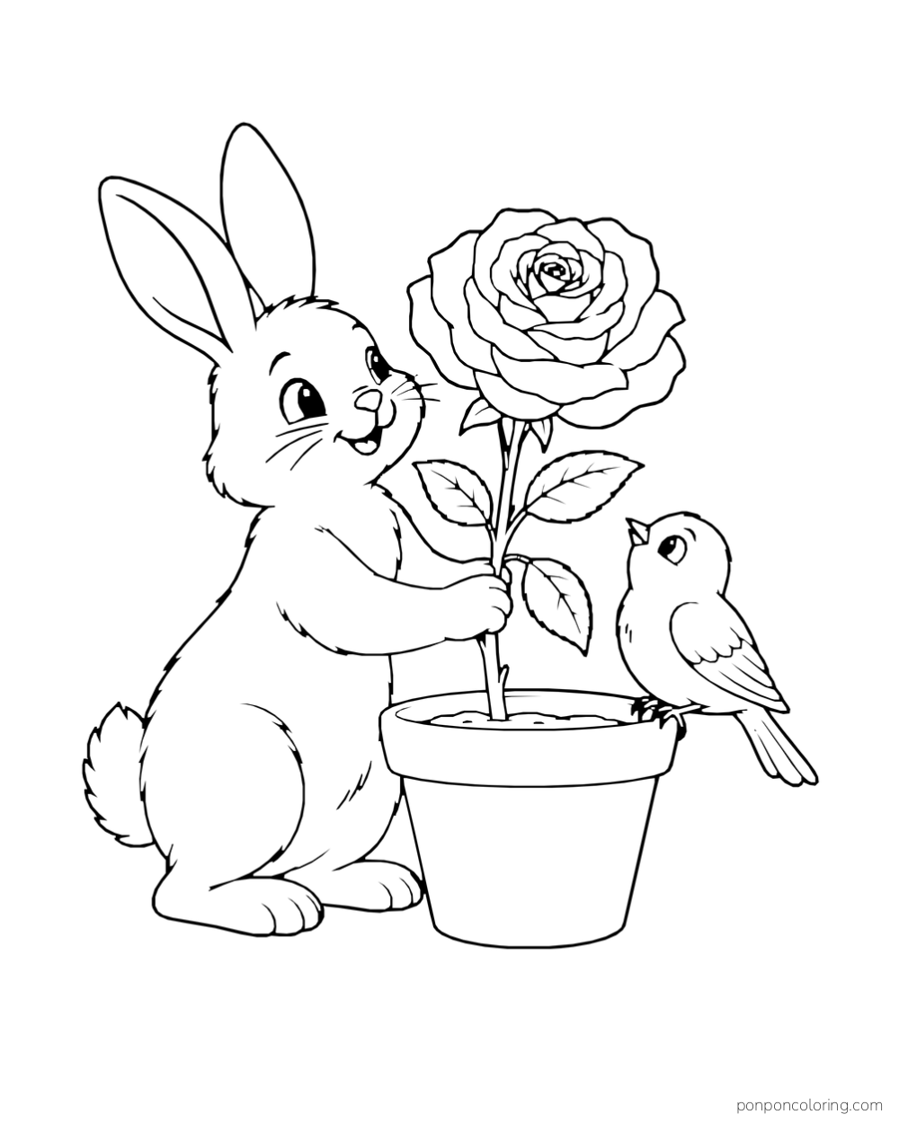 Rabbit holding a potted rose while a small bird sits beside the pot.