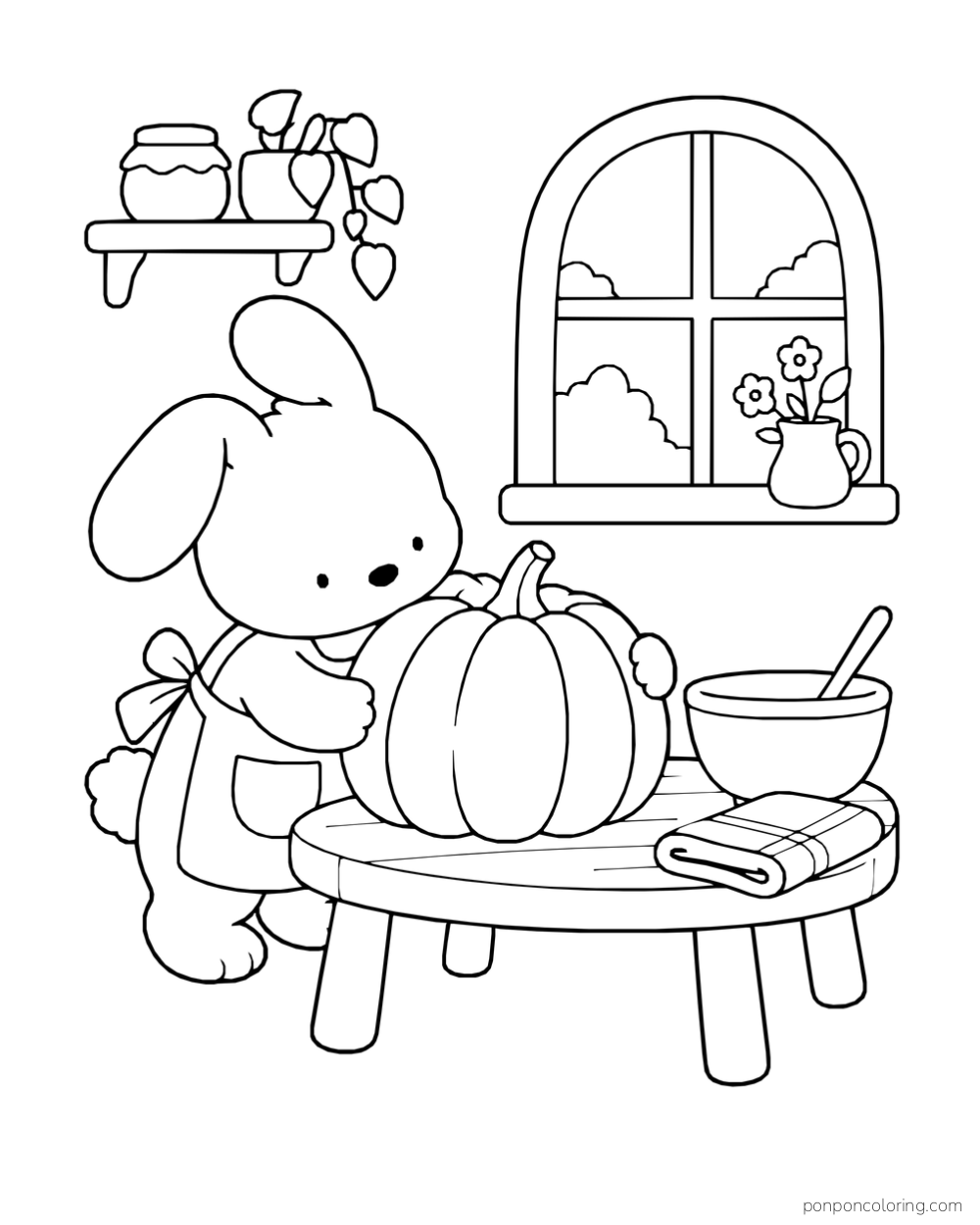 A rabbit in an apron holding a pumpkin on a kitchen table beside a mixing bowl and folded towel.