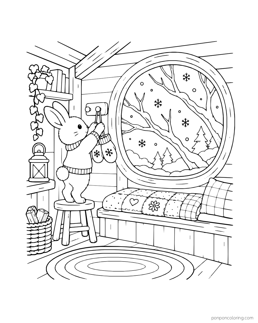 A rabbit stands on a stool with mittens beside a snowy round treehouse window.