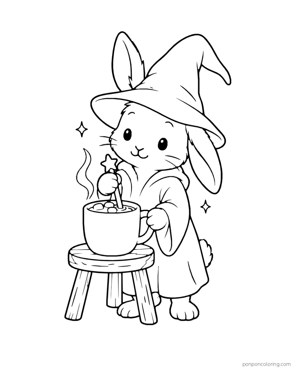 A rabbit in a pointed hat stirs a cocoa mug with a star-tipped spoon on a stool.