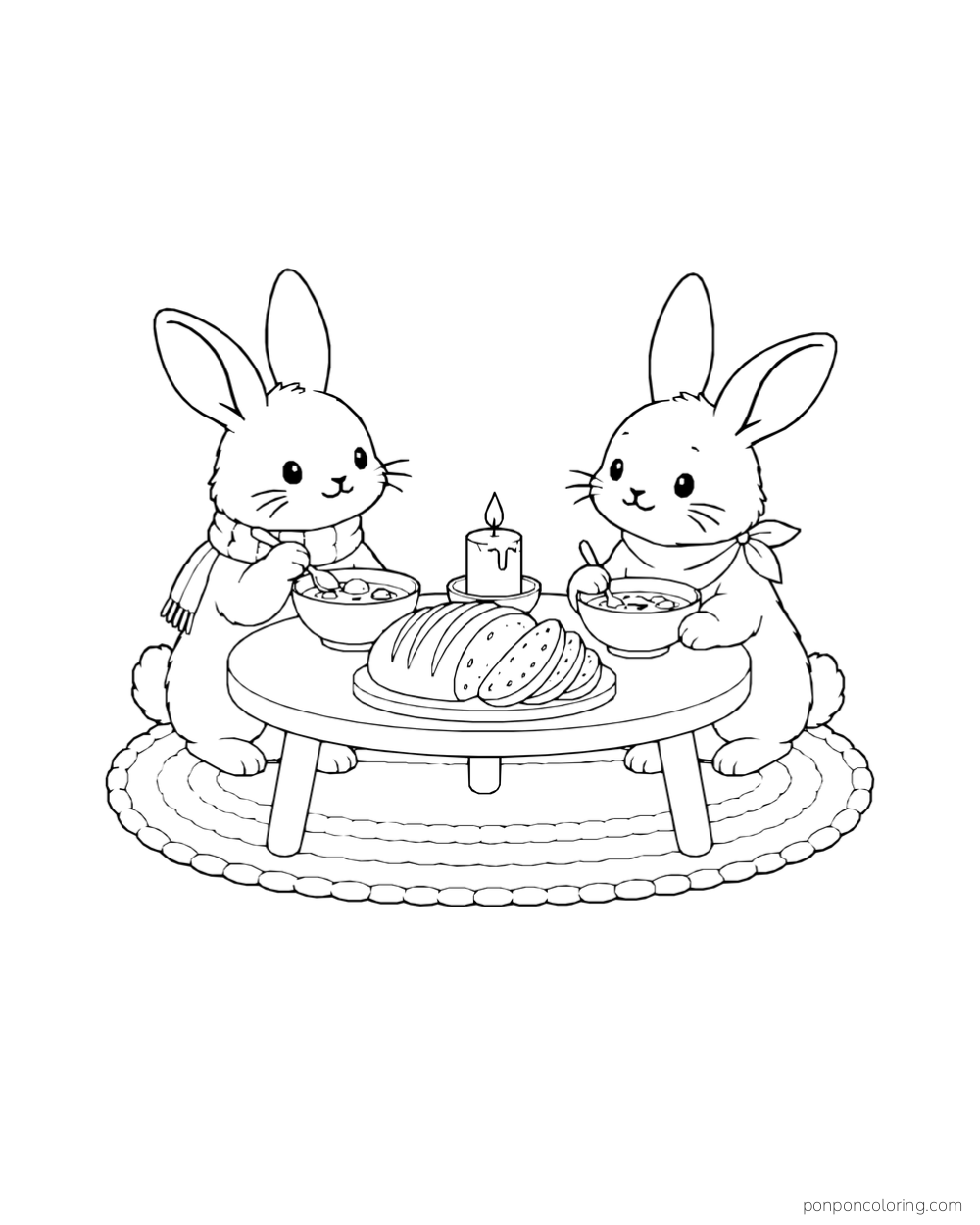 Two rabbits eating soup at a low round table with a sliced loaf and a candle between them.