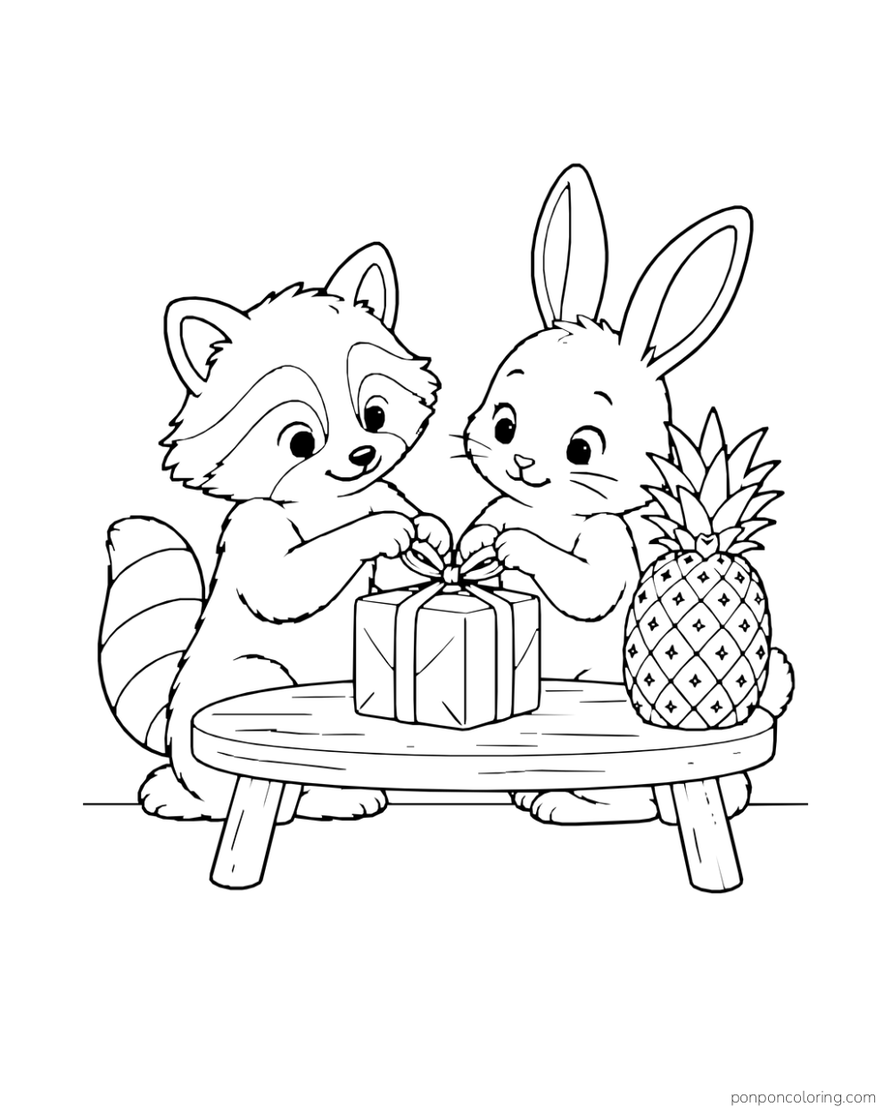 Raccoon and rabbit meeting paws over the bow of a parcel beside a whole pineapple.