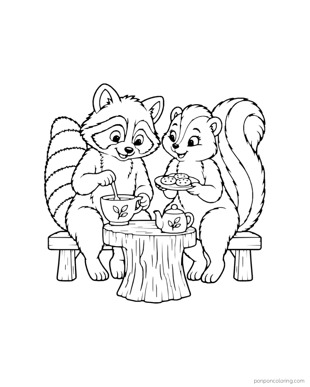 Raccoon stirs tea while skunk offers cookies beside a small teapot.
