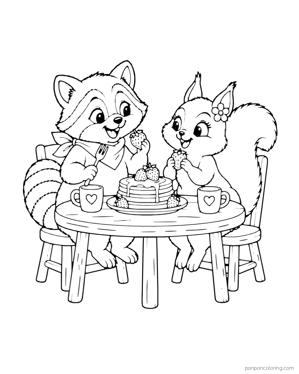 A raccoon and squirrel share pancakes and strawberries at a round table with two mugs.