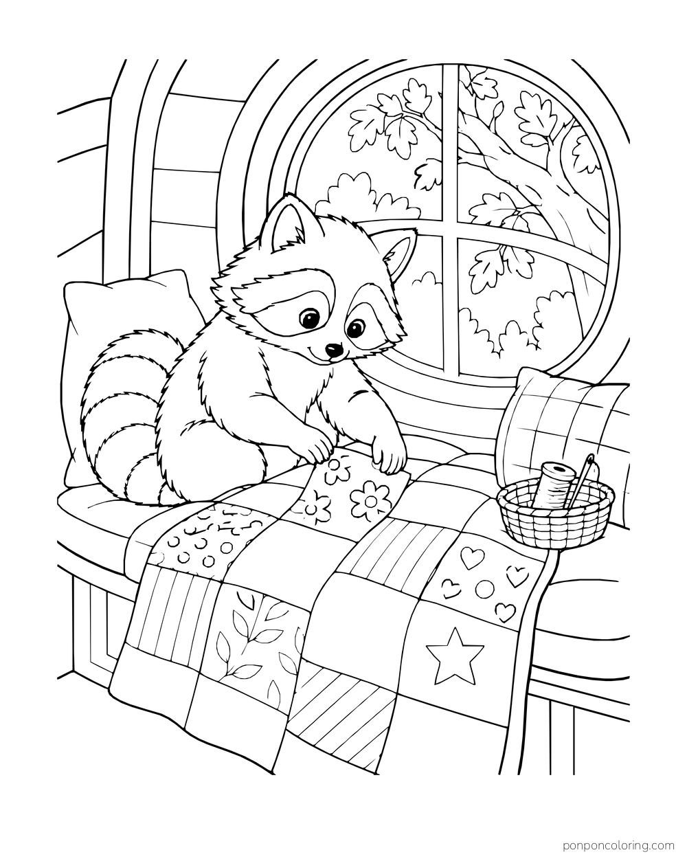 A raccoon arranges patchwork fabric on a treehouse window seat beside a thread basket.