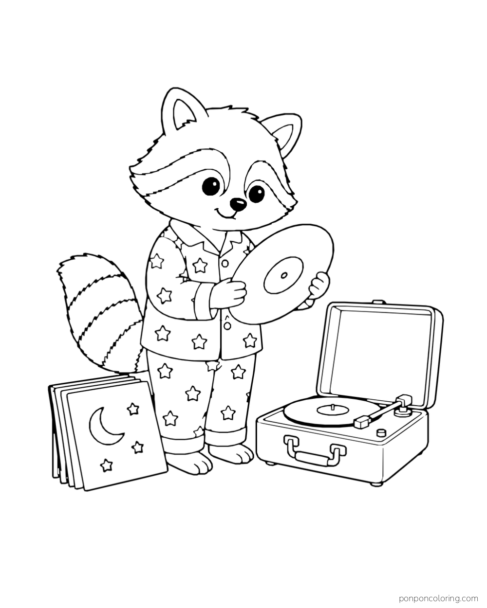 A raccoon in star-patterned pajamas holds a record beside a suitcase record player and album sleeves.