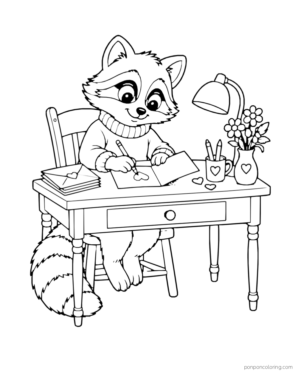 A raccoon draws a heart in an open card at a desk with envelopes, pencils, a lamp, and flowers.