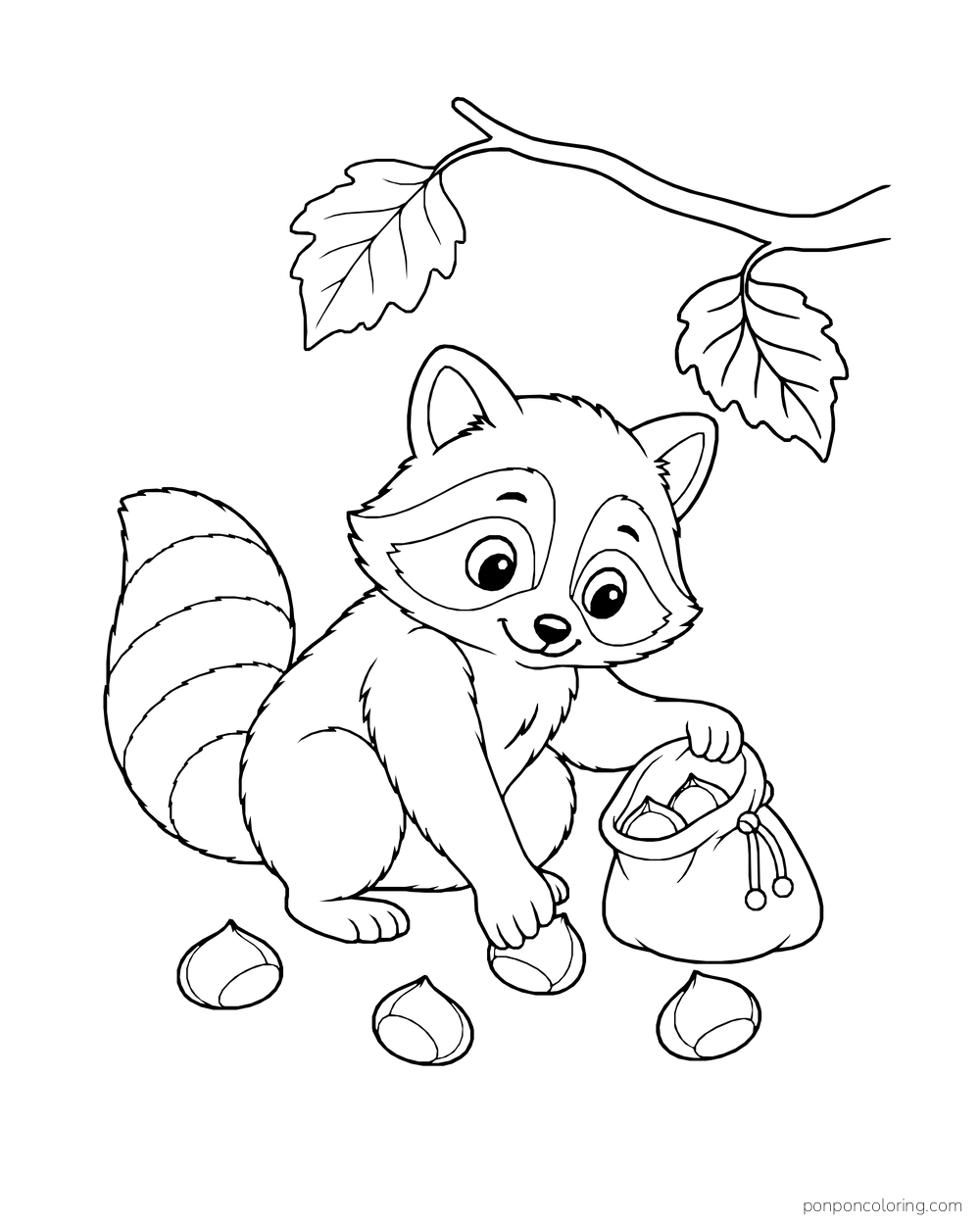 A raccoon gathers chestnuts into a cloth pouch beneath a leafy branch.