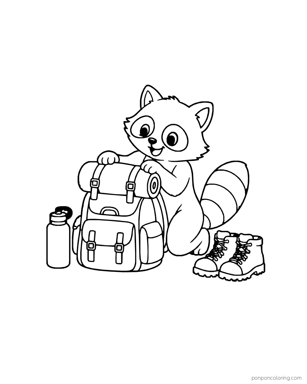 Raccoon holding a rolled sleeping mat on a backpack beside a water bottle and hiking boots.
