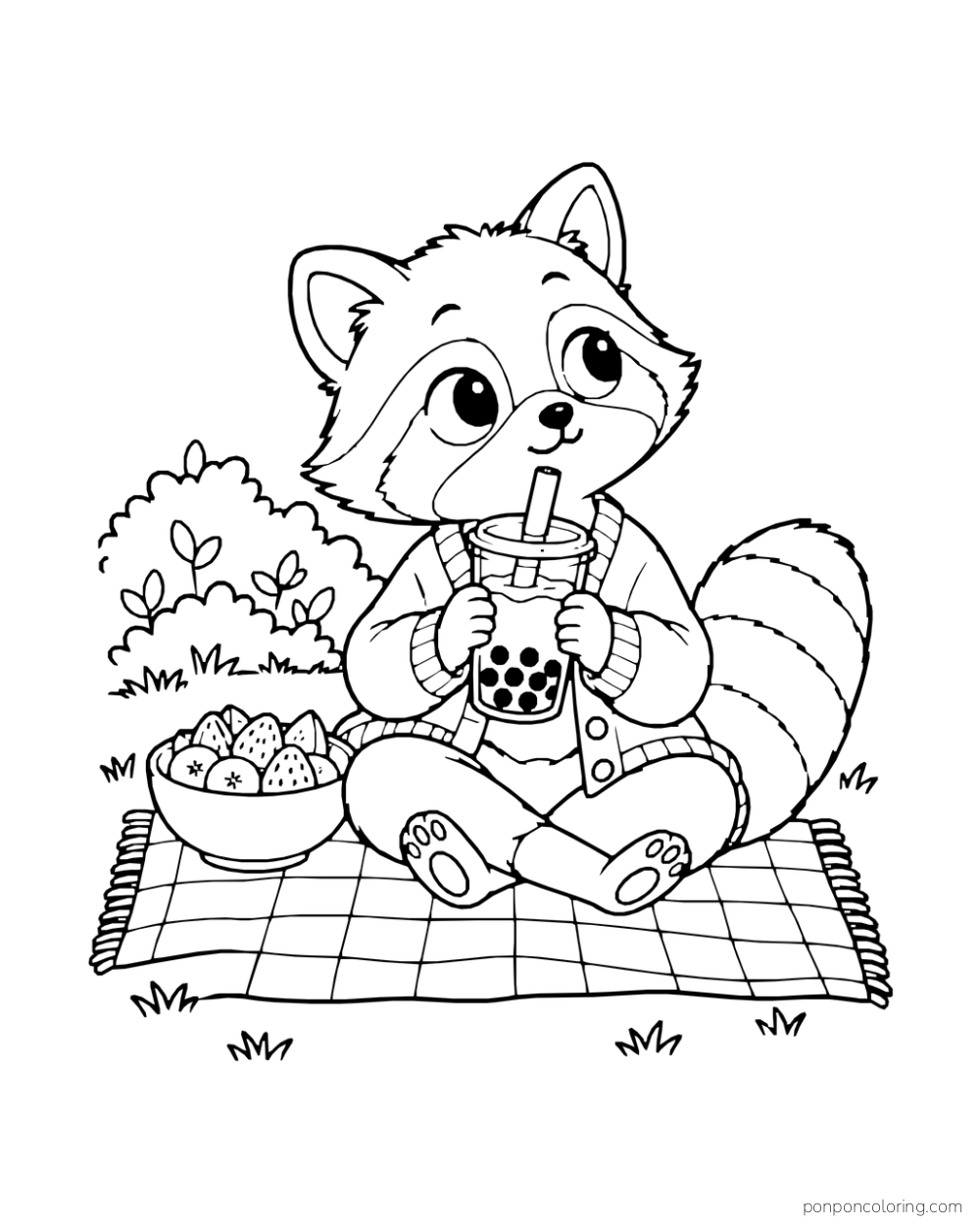 A raccoon sits on a picnic blanket with a boba cup and a bowl of fruit.