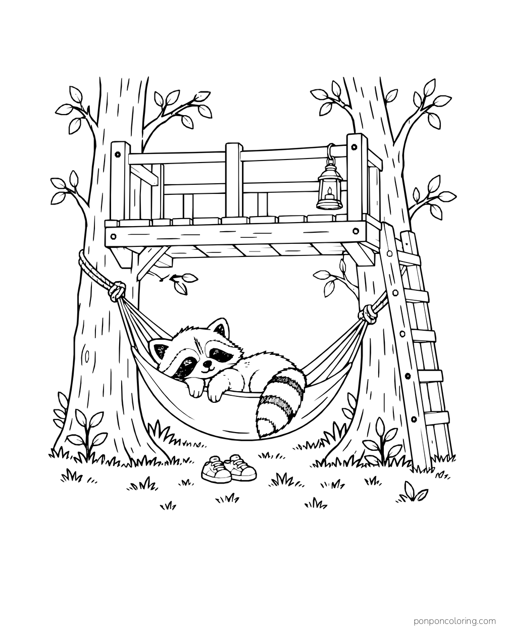 A raccoon rests in a hammock below a treehouse platform, with shoes on the ground and a lantern above.