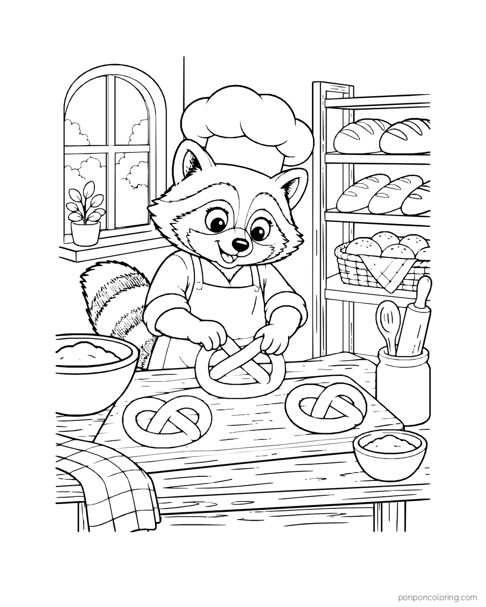 A raccoon baker twists a dough rope into a pretzel beside two finished twists.