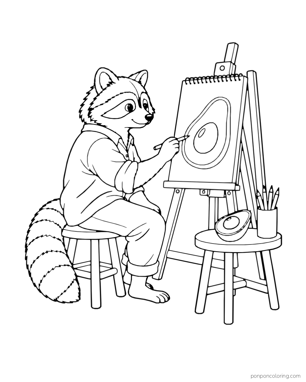 A raccoon sketches an avocado half on an easel while a real fruit rests nearby.