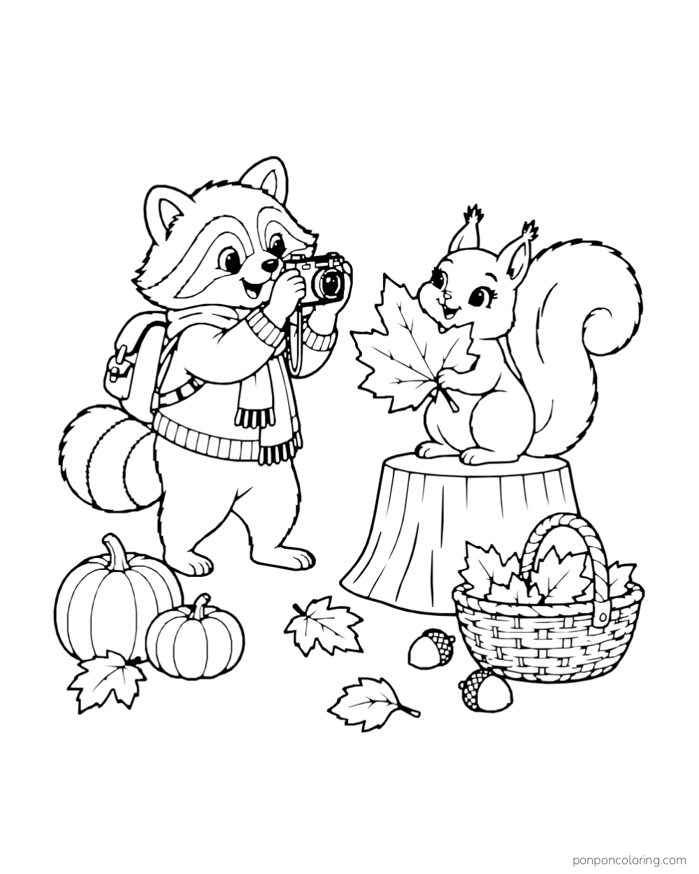 A raccoon photographs a squirrel holding a maple leaf on a stump beside pumpkins and a leaf basket.