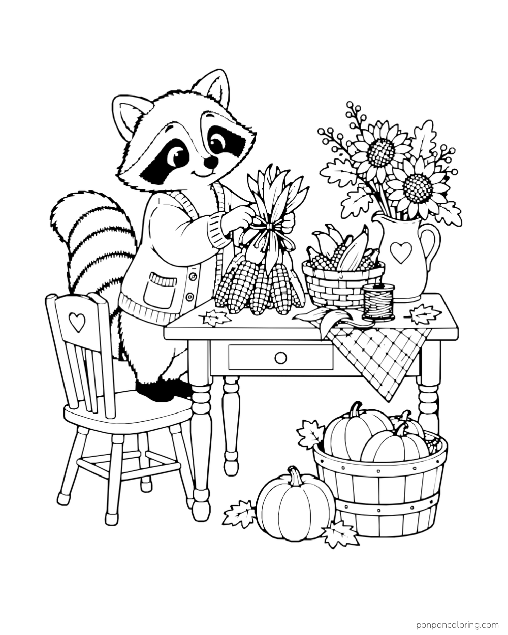 A raccoon ties a bundle of corn at a craft table with sunflowers, ribbon, and pumpkins.
