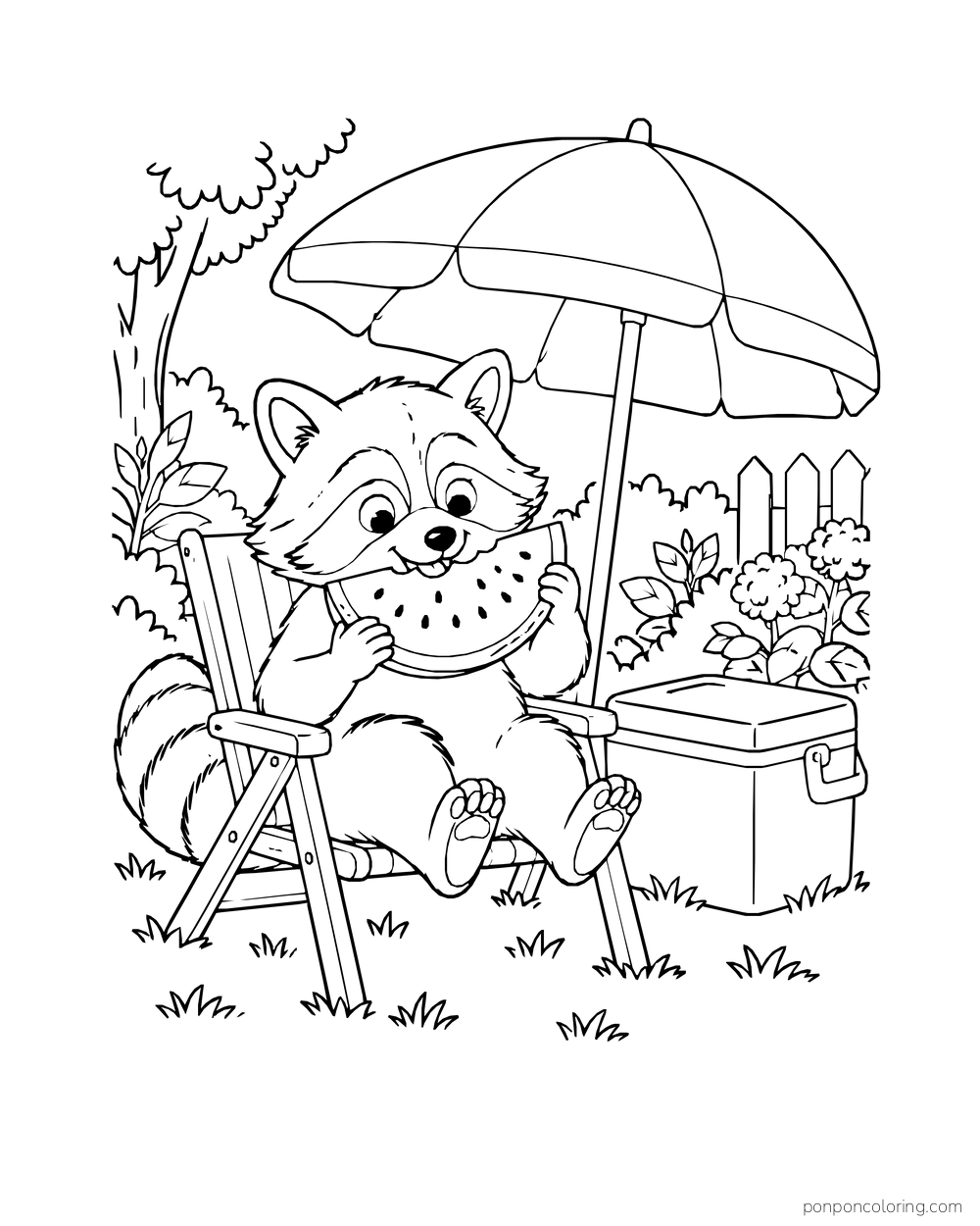A raccoon eating a watermelon slice beneath an umbrella beside a picnic cooler.