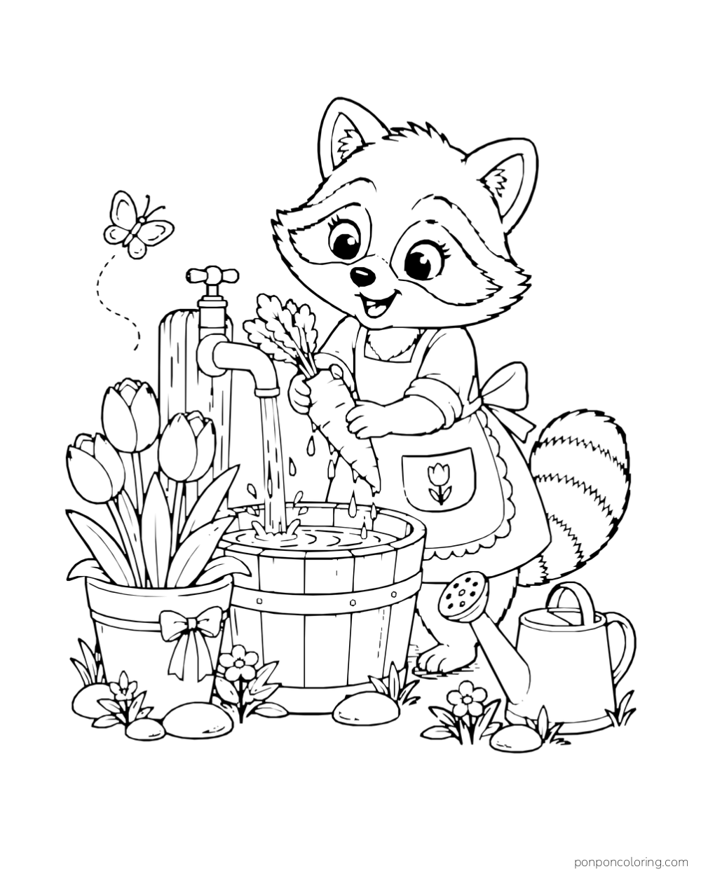 A raccoon washes a carrot under a garden tap above a wooden basin beside tulips and a watering can.