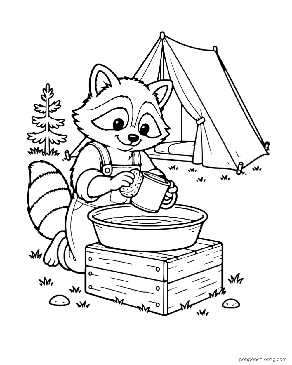A raccoon washes a camp cup in a shallow basin.