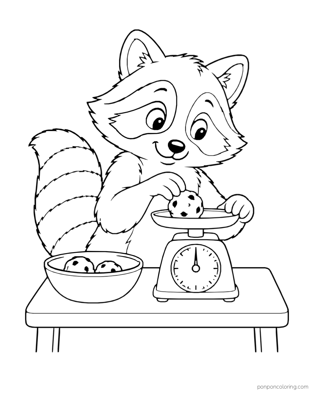 A raccoon places a ball of cookie dough on a kitchen scale beside a bowl.