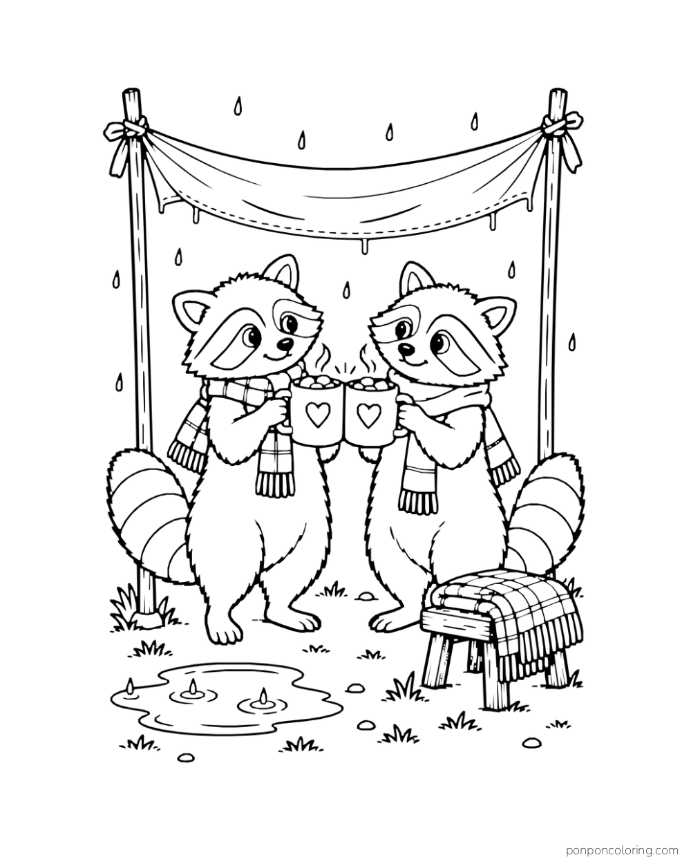 Two raccoons raise cocoa mugs beneath a small rain awning.