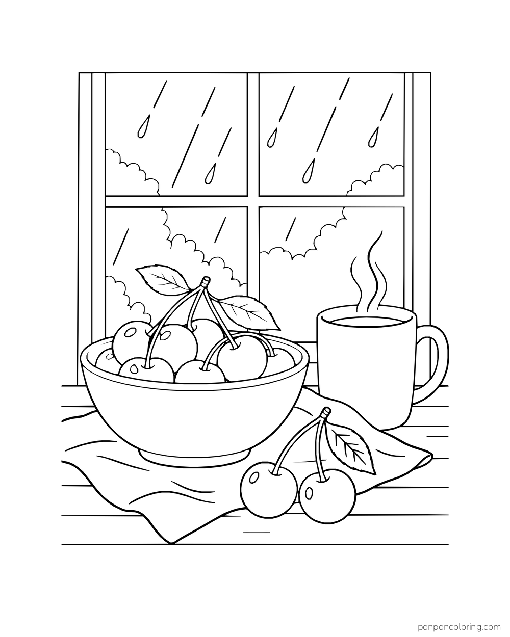 A bowl of cherries and a warm mug sit by a window streaked with rain.