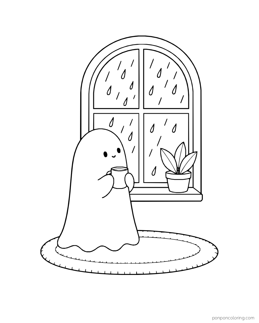 A little ghost holds a mug beside an arched window with raindrops and a potted plant.