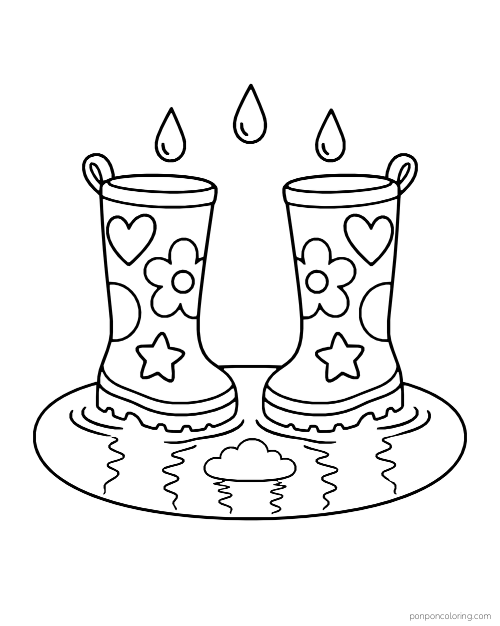 Patterned rain boots stand in a puddle with the reflection of a cloud.