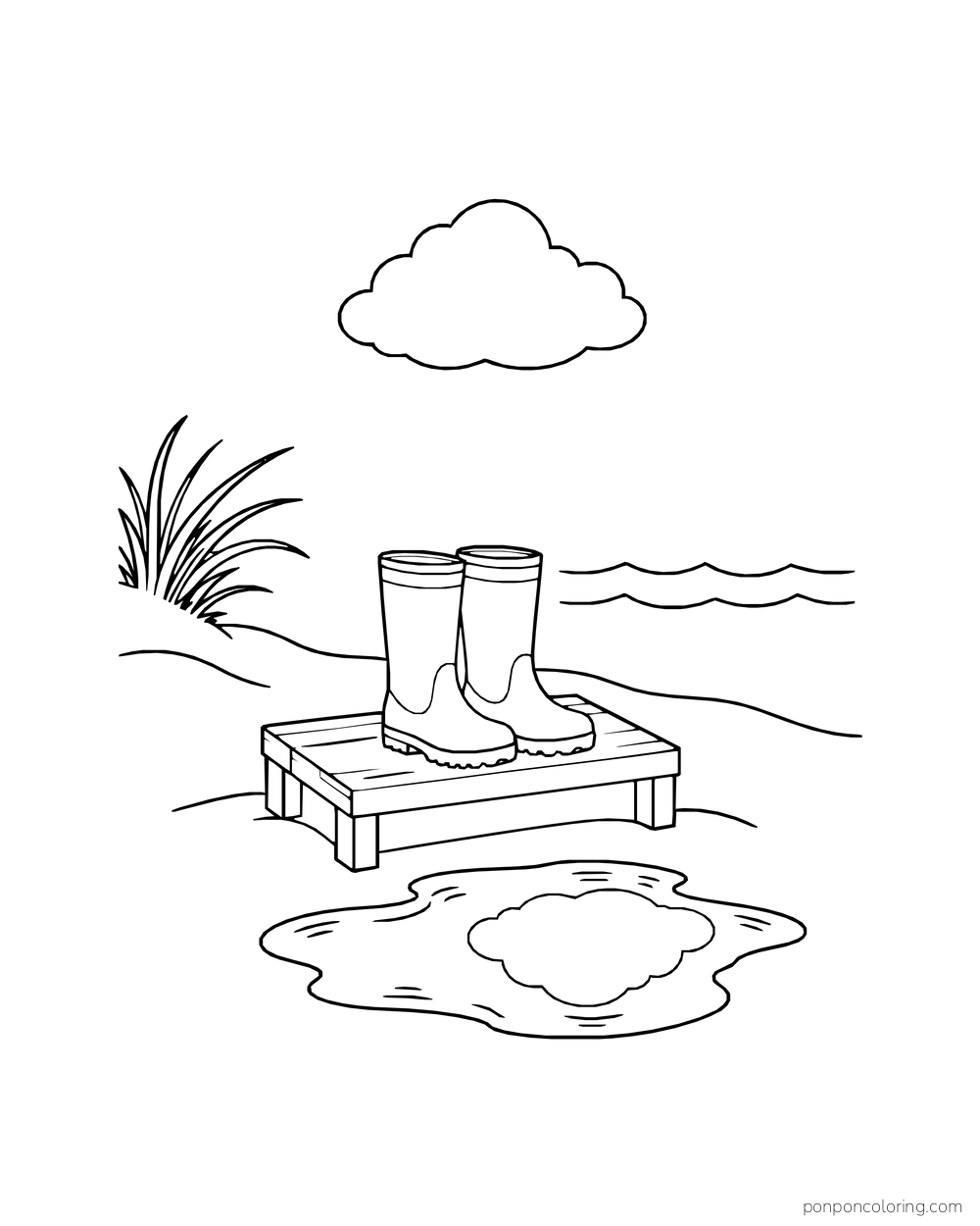A pair of rain boots stands on a low wooden step beside a puddle reflecting one cloud.