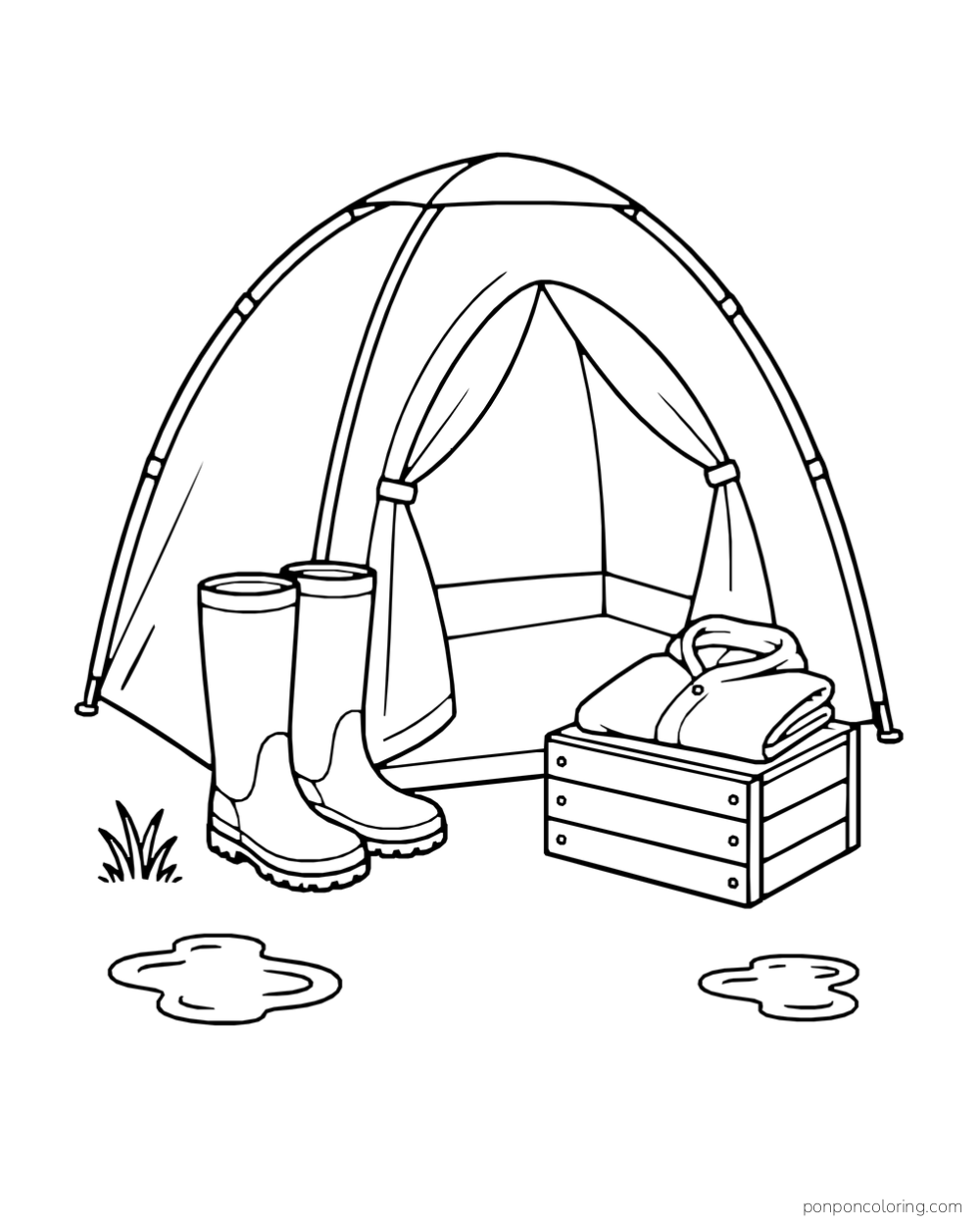 Rain boots and folded clothing sit near a dry tent entrance and small puddles.