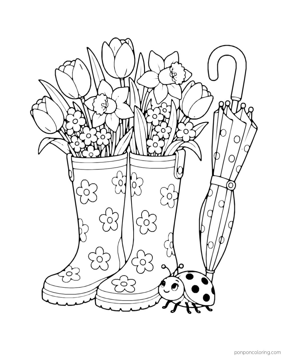 Spring flowers fill patterned rain boots beside a folded umbrella and ladybug.