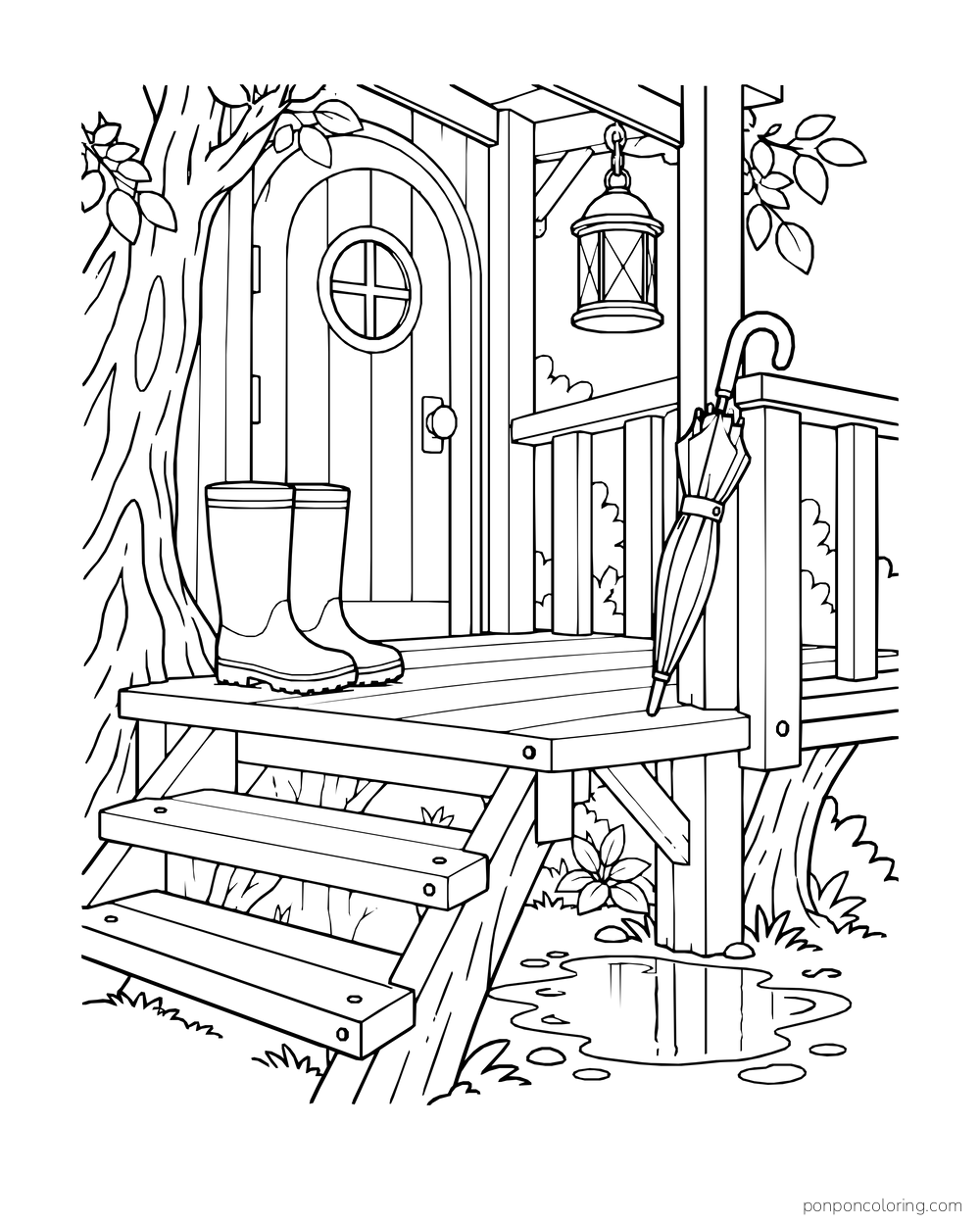 Rain boots and a folded umbrella sit on a treehouse porch, with a lantern above and puddle below.