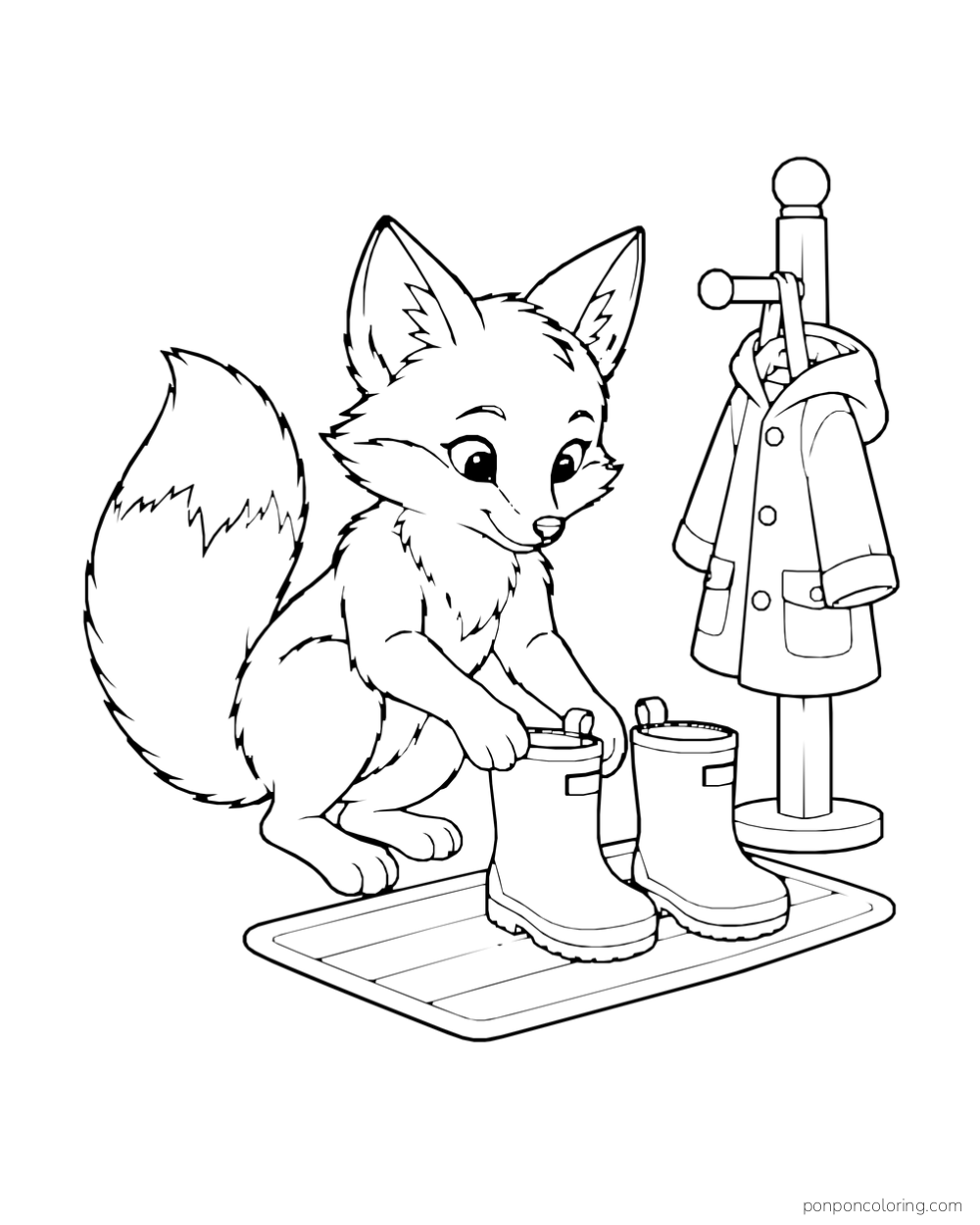 A crouching fox arranges a pair of rain boots on a mat beside a hanging coat.