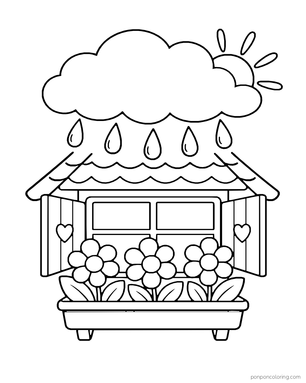 A small rain cloud waters three flowers in a cottage window box.