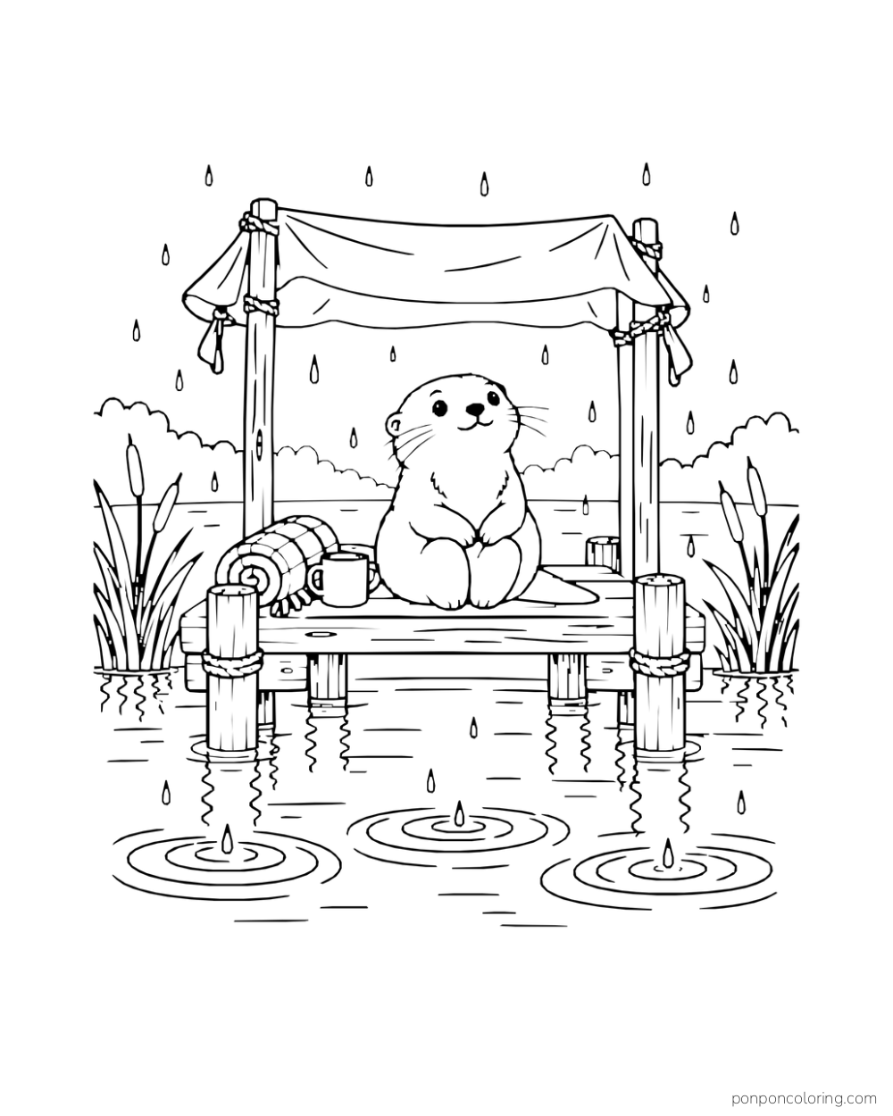 An otter sits beneath a covered dock roof with a mug and rolled blanket while rain rings spread across the water.