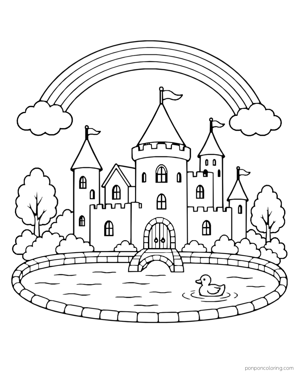 A rainbow arcing over a many-towered castle and its moat, where a duck swims near a small bridge.
