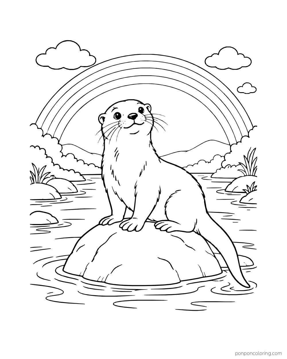 Otter sitting on a stone beneath a rainbow across a river.