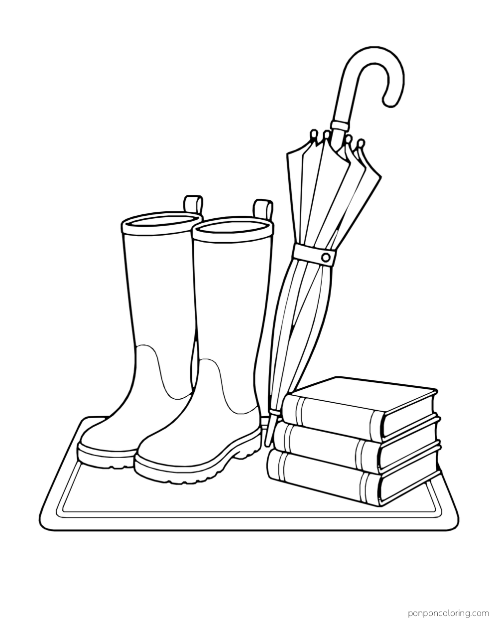 Rain boots, a closed umbrella, and three books together on an entrance mat.
