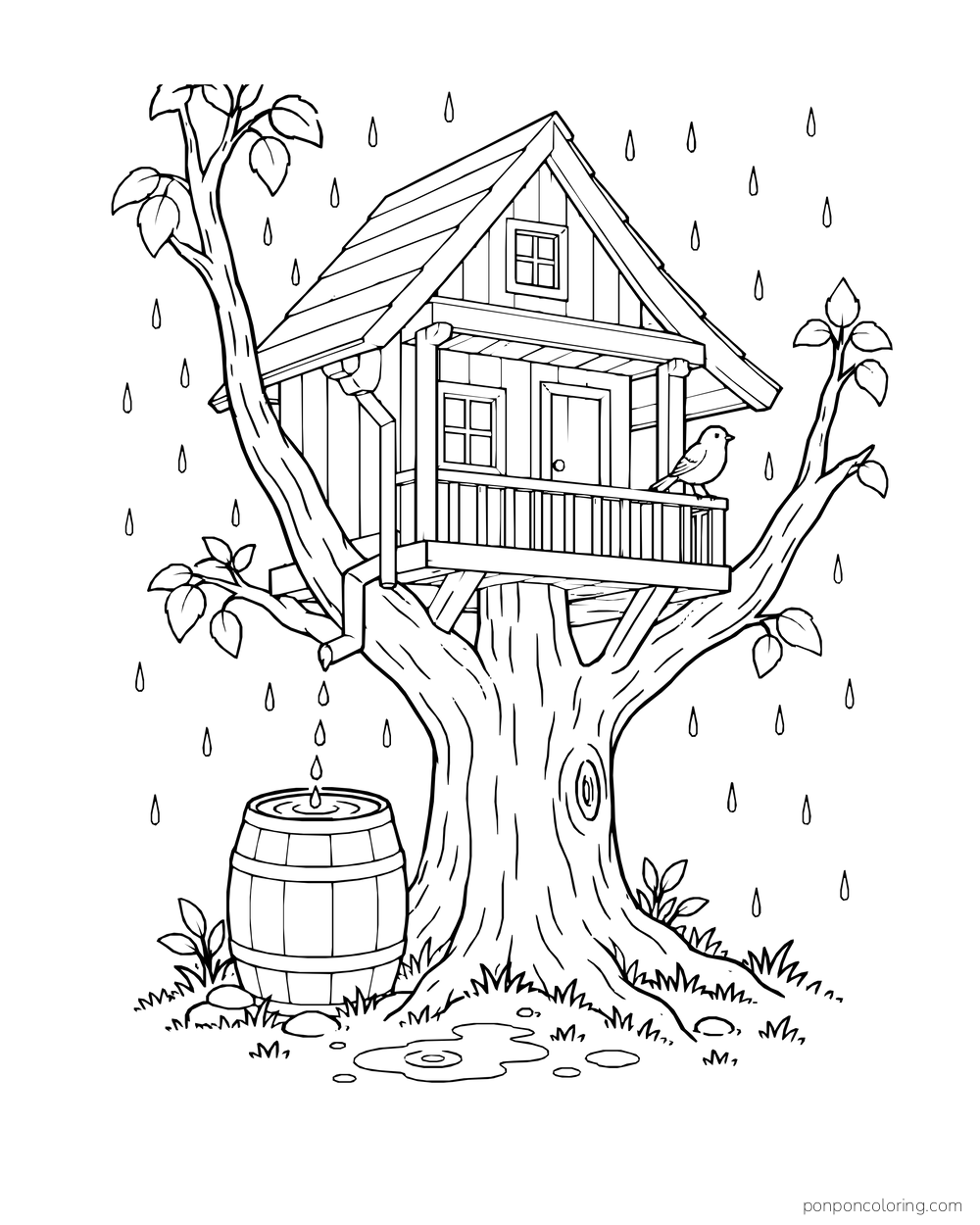Rain falls around a peaked treehouse with a barrel below and a bird on the porch rail.