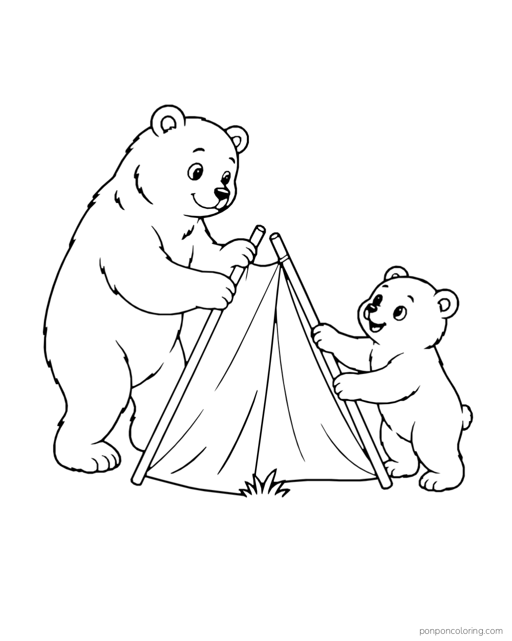 Two bears of different sizes hold the poles of a small triangular tent.