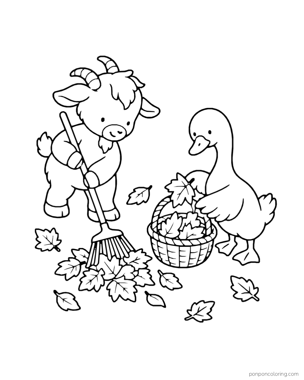 A goat rakes fallen leaves while a goose gathers them into a basket.