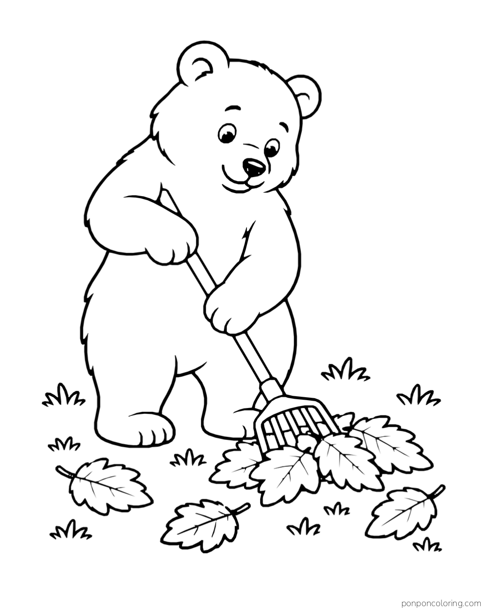 An upright bear gathers broad fallen leaves into a pile with a short rake.
