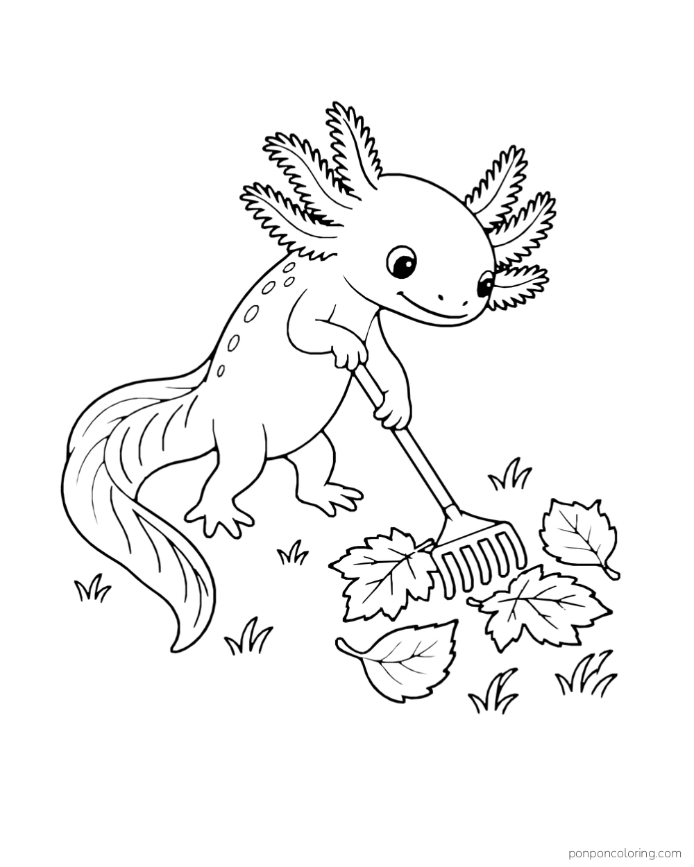 Axolotl using a rake to gather several fallen leaves across the ground.