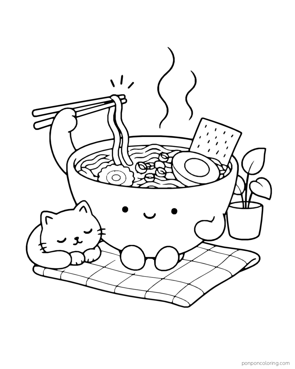 A smiling ramen bowl lifts noodles with chopsticks beside a sleeping kitten on a checked mat.