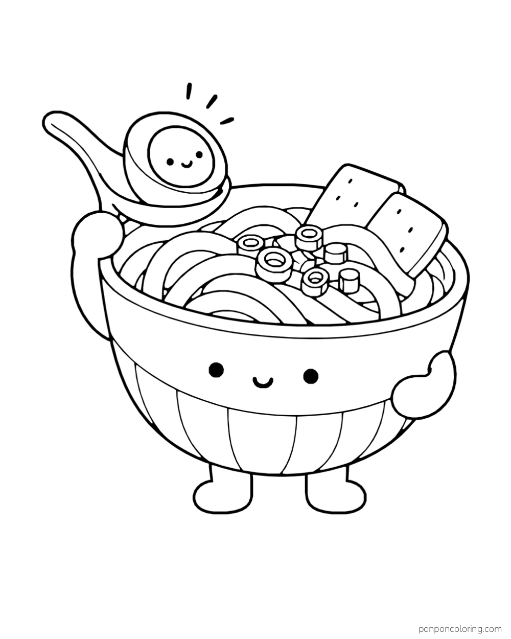 A noodle bowl lifts a smiling egg half on a spoon above noodles and scallions.