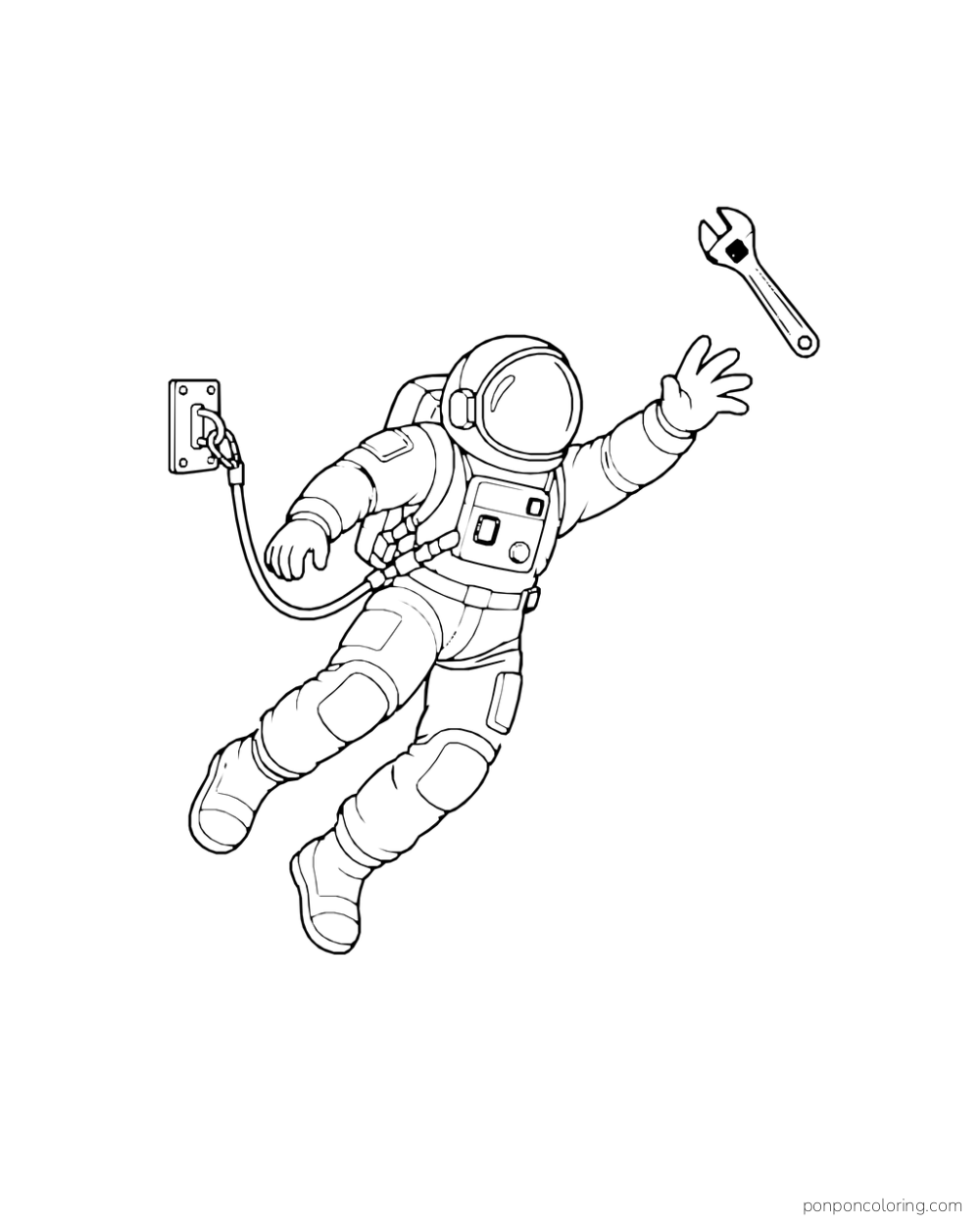 A tethered astronaut reaches toward a wrench drifting beyond one glove.